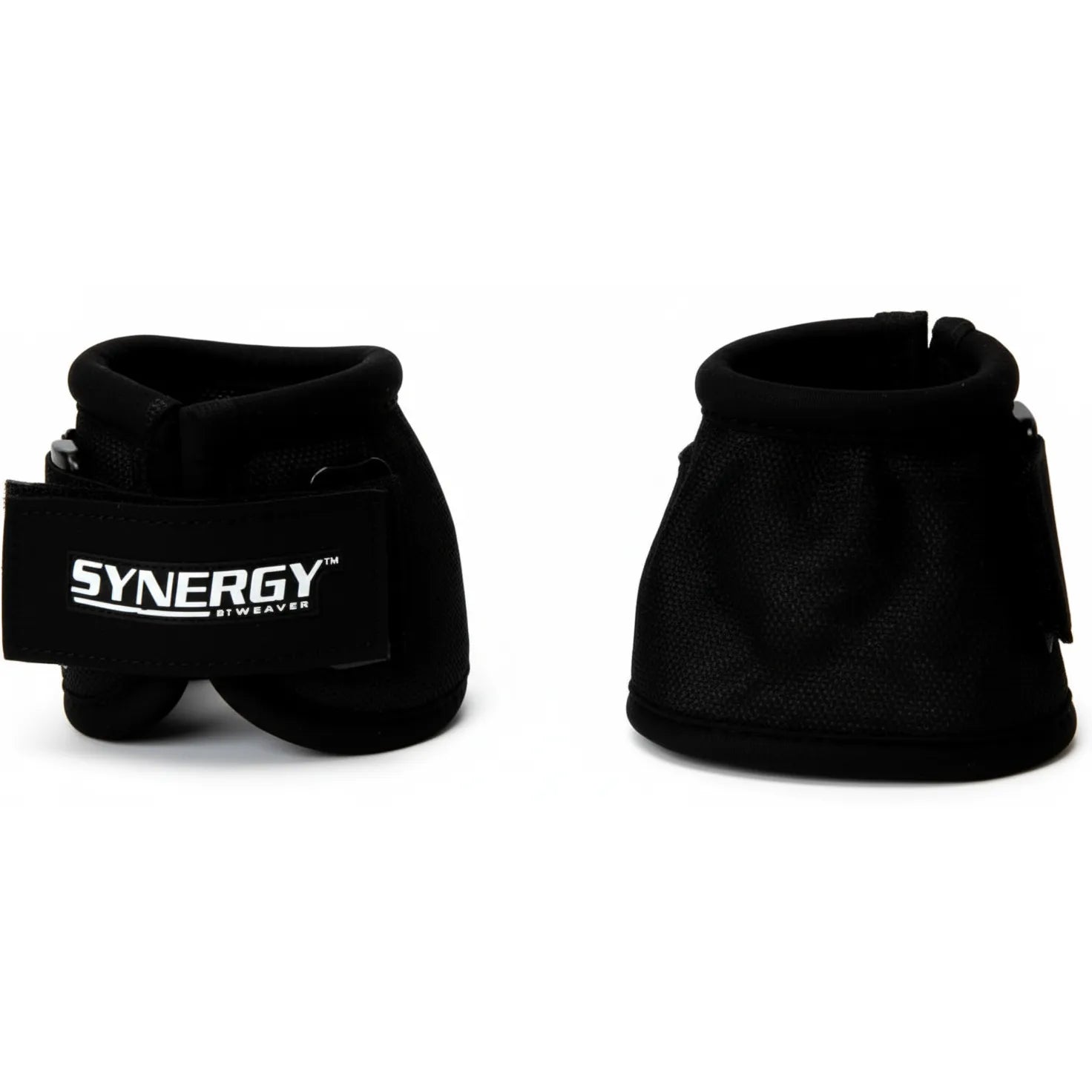 Pair of Weaver Leather Synergy Bell Boots in black, size medium. These high-performance horse boots are constructed from tough 2520D ballistic nylon and feature an Xtended Life hook-and-loop closure for maximum security. The sleek design showcases the white Synergy by Weaver logo, offering essential hoof and heel protection against overreaching. Ideal for equestrian training, performance, and everyday durability.