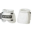 Pair of large white Weaver Leather Synergy Bell Boots made with durable 2520D ballistic nylon. Features include the secure Xtended Life hook-and-loop closure with a bold SYNERGY BY WEAVER logo and a comfortable padded collar. These high-performance horse boots provide essential hoof protection for equine sports like jumping or reining. A stylish and heavy-duty choice for equestrians seeking long-lasting gear for their horses.