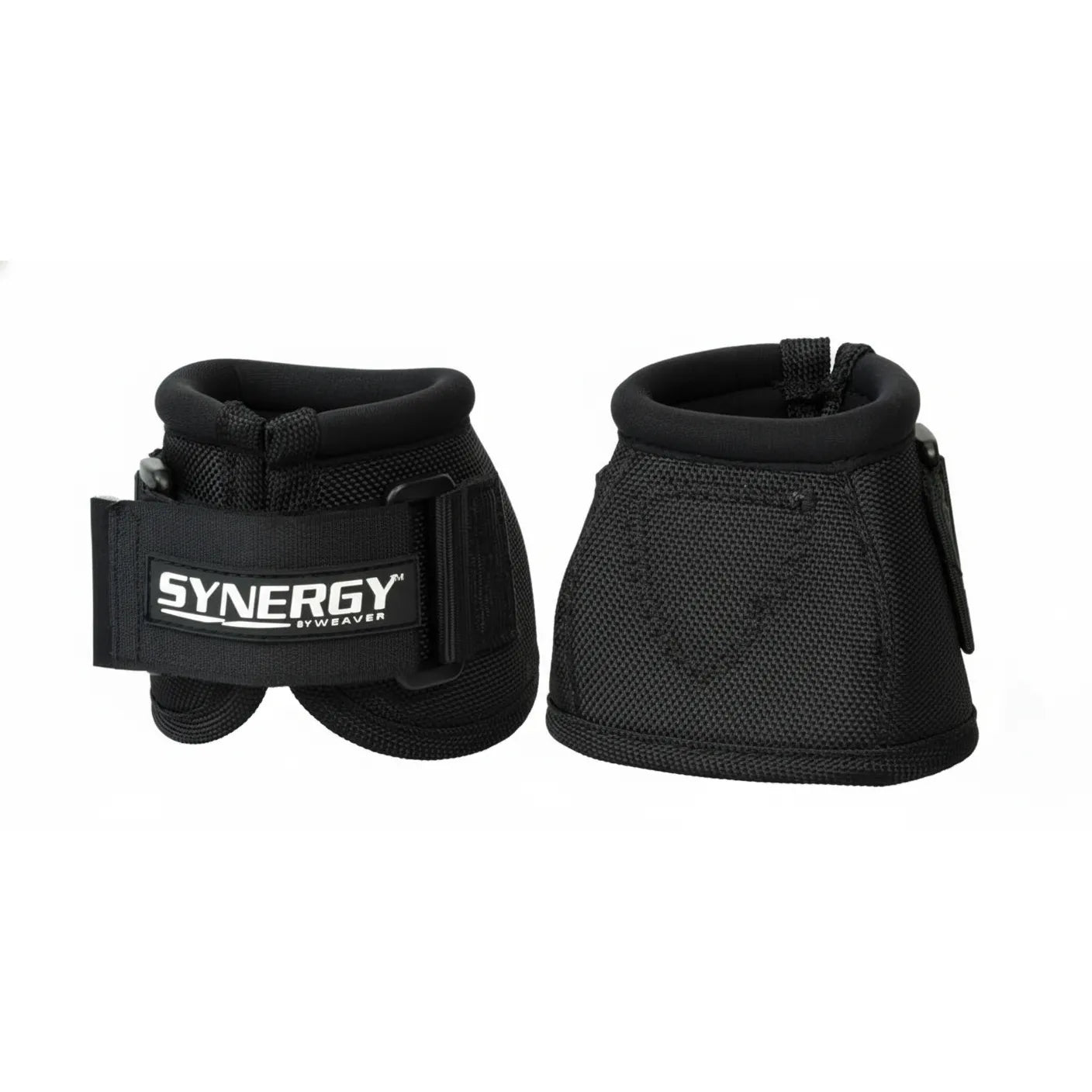 Weaver Leather Synergy Bell Boots in black, size XL, featuring durable 2520D ballistic nylon and an Xtended Life hook-and-loop closure. These high-performance horse overreach boots provide superior hoof protection with a heavy-duty design and padded rim. Ideal for equestrian training and performance, the boots showcase the Synergy by Weaver logo on the secure front strap for a reliable, professional look.
