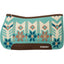 Weaver Leather Synergy Contoured Performance Saddle Pad featuring a vibrant turquoise southwestern pattern with cream, brown, and navy geometric motifs. This 33" x 38" western saddle pad has a 1" thick wool blend felt core and a contoured spine for a precise, comfortable fit. Durable brown leather wear leathers protect the pad, while the eye-catching design makes it perfect for the show ring or trail. High-quality equine gear for performance and style.