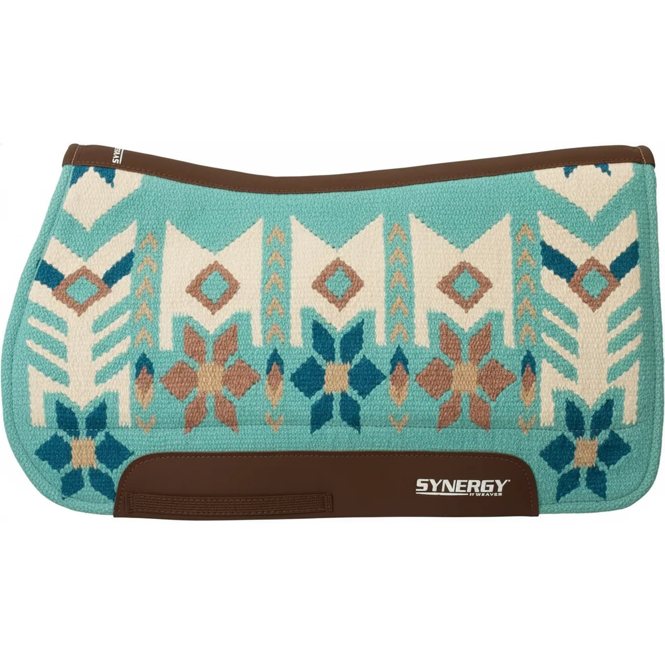 Weaver Leather Synergy Contoured Performance Saddle Pad featuring a vibrant turquoise southwestern pattern with cream, brown, and navy geometric motifs. This 33" x 38" western saddle pad has a 1" thick wool blend felt core and a contoured spine for a precise, comfortable fit. Durable brown leather wear leathers protect the pad, while the eye-catching design makes it perfect for the show ring or trail. High-quality equine gear for performance and style.
