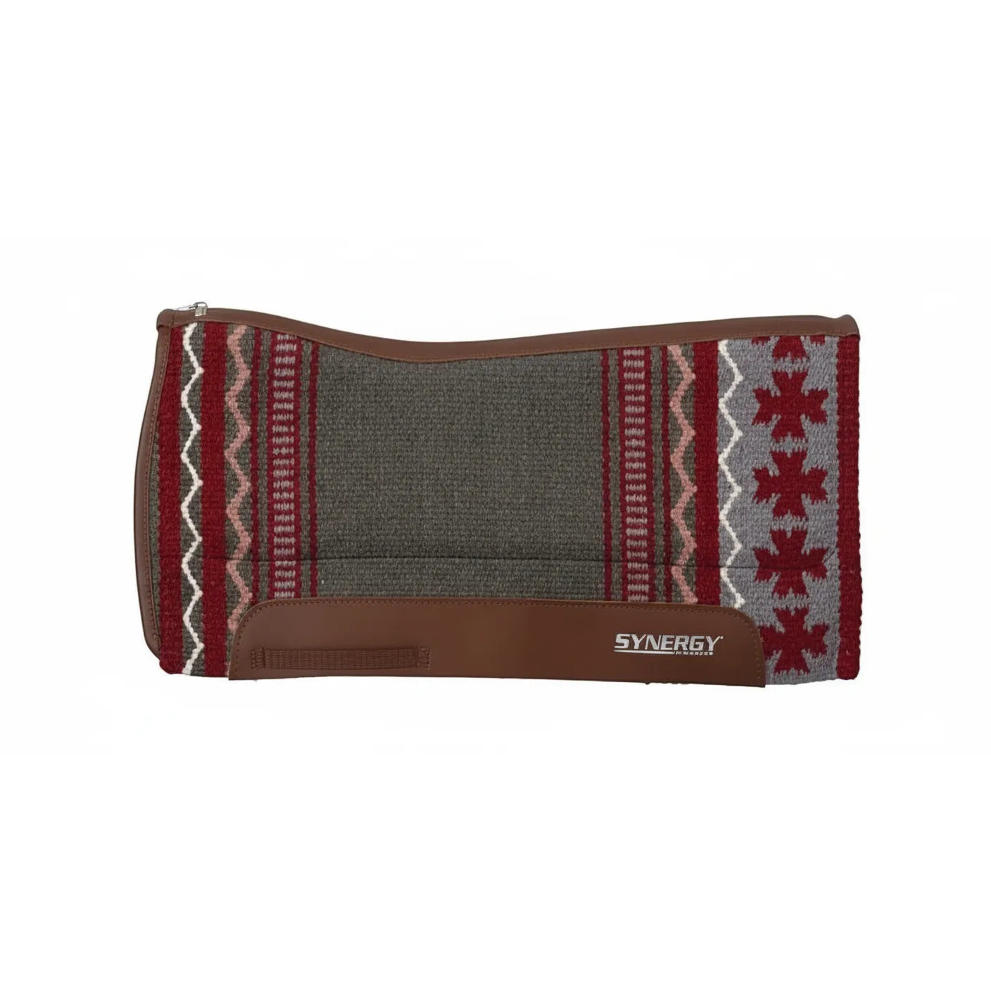 Weaver Leather Synergy Contoured Saddle Pad, 33" x 38", crafted from premium Charcoal, Gray, and Taupe New Zealand wool. Features a southwestern pattern with burgundy zigzags and star motifs, brown leather wear leathers, and a contoured spine designed for horse comfort. This high-performance western saddle pad is perfect for trail riding, barrel racing, and everyday training.