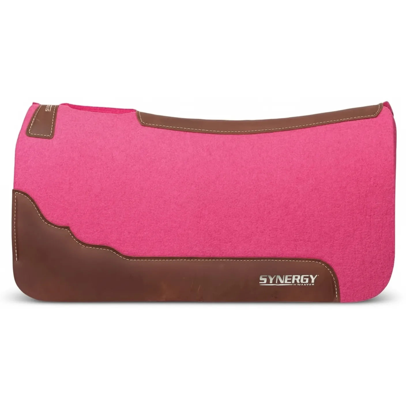 Vibrant red Weaver Leather Synergy contoured western saddle pad crafted from 1" thick steam-pressed merino wool felt. Features premium brown leather wear leathers with white contrast stitching and the "SYNERGY by Weaver" logo. This 31" x 32" pad is designed for superior shock absorption and a perfect fit, making it ideal for high-performance riding, ranch work, or trail. Durable, moisture-wicking equestrian gear for maximum horse comfort and professional style.