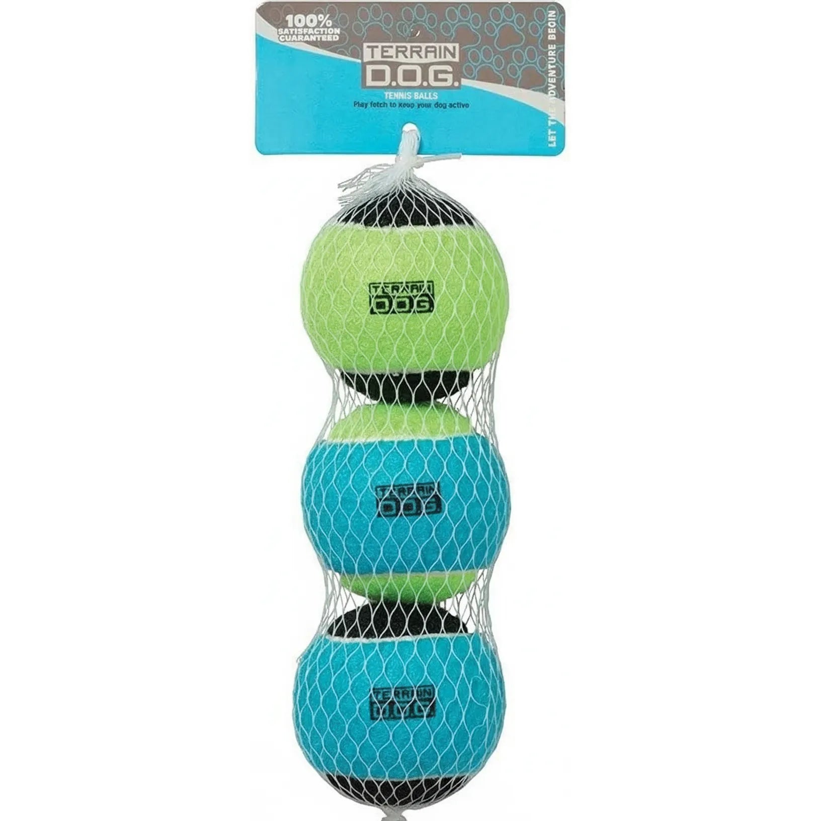 Terrain D.O.G. 3-pack of durable tennis balls for dogs by Weaver Leather. Features three high-visibility balls in assorted colors: lime green and black, bright blue and green, and blue and black, packaged in a white mesh bag. These rugged fetch toys are ideal for interactive play and exercise, helping keep your dog active and engaged during outdoor games of fetch.