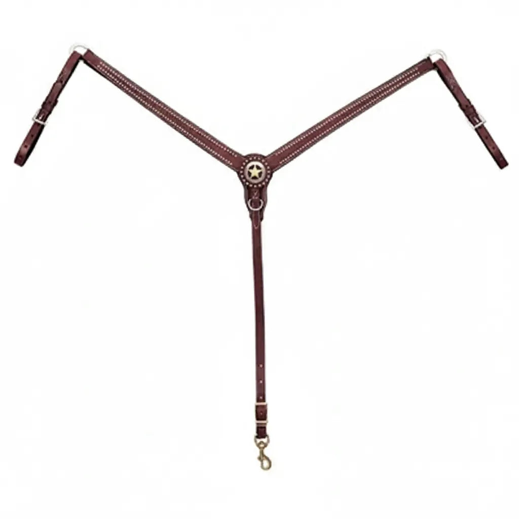 Weaver Leather Texas Star Breast Collar in rich chestnut English bridle leather. This premium Western horse tack features a stunning 18k gold-plated star concho, silver spots, and elegant white stitching. Designed for durability and style, it includes adjustable tug straps and a secure bottom strap with a brass snap. A must-have for Western pleasure, trail riding, or barrel racing enthusiasts looking for high-quality equestrian equipment.