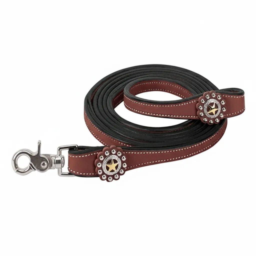 Coiled Weaver Leather Texas Star horse rein in rich chestnut English bridle leather with black painted edges and white contrast stitching. This 5/8" x 8' rein features ornate scalloped conchos with a gold star center and silver studs. Equipped with a high-quality stainless steel scissor snap, this stylish Western tack is ideal for equestrian training and trail riding.