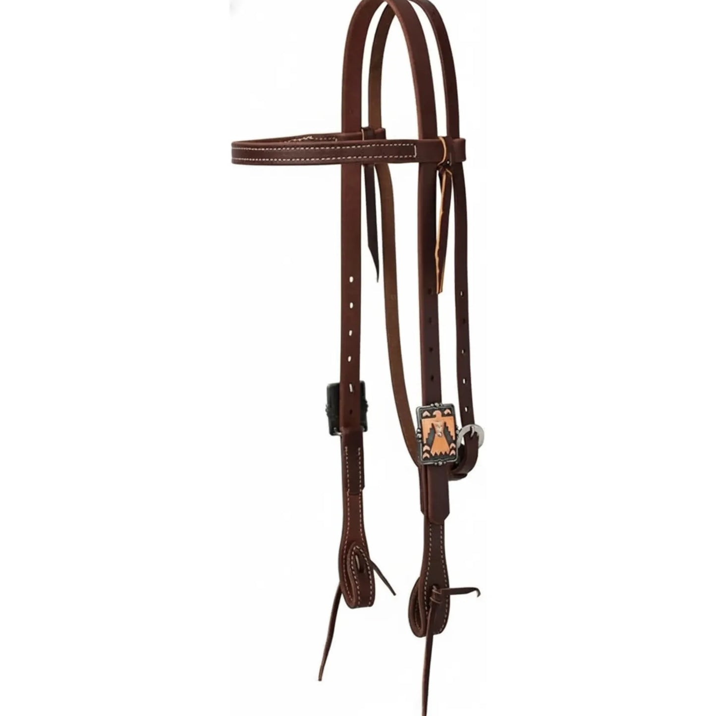 Weaver Leather Thunderbird Browband Headstall in Canyon Rose. This western leather headstall features white contrast stitching and a striking silver Thunderbird concho with copper accents. Crafted from premium leather with stainless steel buckles and tie bit ends, it combines rugged durability with Southwestern style. An essential piece of western horse tack for trail riding or performance.