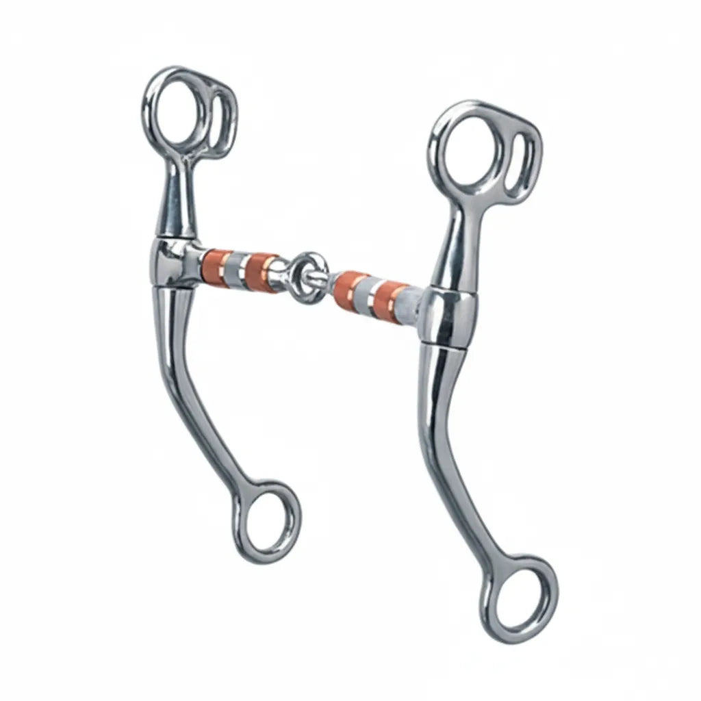 Weaver Leather Tom Thumb Bit featuring a 5-inch jointed mouthpiece with alternating copper and stainless steel rollers. This professional-grade horse bit has 6-1/2 inch stainless steel cheeks and a classic swivel design, making it an essential piece of western horse tack. The copper rollers encourage salivation and relaxation in the horse’s mouth. Ideal for training and everyday riding, this durable equestrian bit provides effective communication and control.