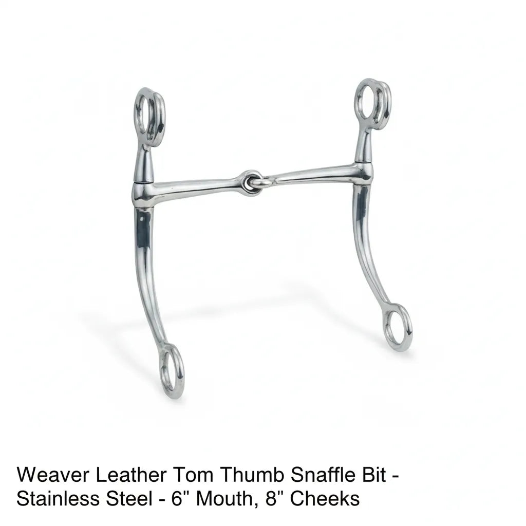 Weaver Leather Tom Thumb Snaffle Bit in polished stainless steel. This classic western horse bit features a 6-inch jointed single-link mouthpiece and 8-inch curved shanks. Designed with upper purchase rings and lower rein loops for balanced leverage. Durable, high-quality equestrian tack ideal for clear communication and control while riding or training.