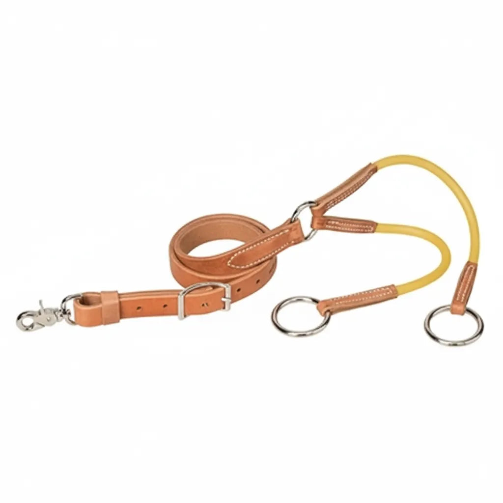 Weaver Leather 1" x 48" Training Fork crafted from premium Hermann Oak russet harness leather and durable yellow surgical rubber. This professional equestrian training tool features an adjustable leather strap with a silver-toned buckle and snap hook, connected to flexible surgical tubing with large metal rings. High-quality horse training tack designed for effective head carriage and control.