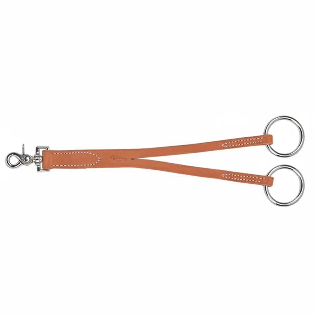 Weaver Leather Training Fork crafted from premium Hermann Oak Russet Harness Leather. This 1" x 12" breast collar attachment features white contrast stitching, a heavy-duty scissor snap for easy attachment, and two polished stainless steel rings at the bifurcated ends. Durable western horse tack designed for effective training and everyday equestrian use.