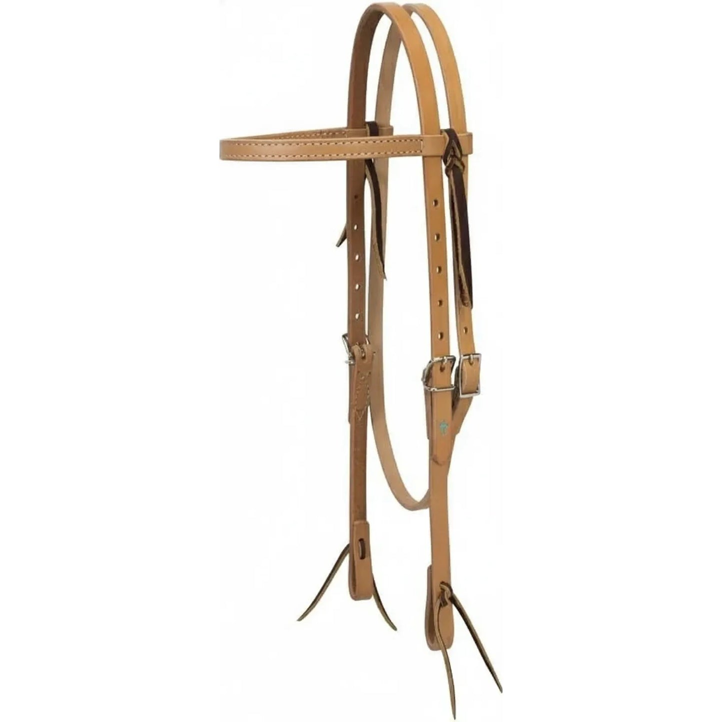 Weaver Leather Turquoise Cross Browband Headstall in Light Oil Skirting. This premium Western horse headstall features double cheek adjustments with stainless steel buckles and traditional leather tie-bit ends. A durable, classic choice for trail riding, training, or horse shows. High-quality equestrian tack crafted from supple skirting leather for a professional look and long-lasting performance.