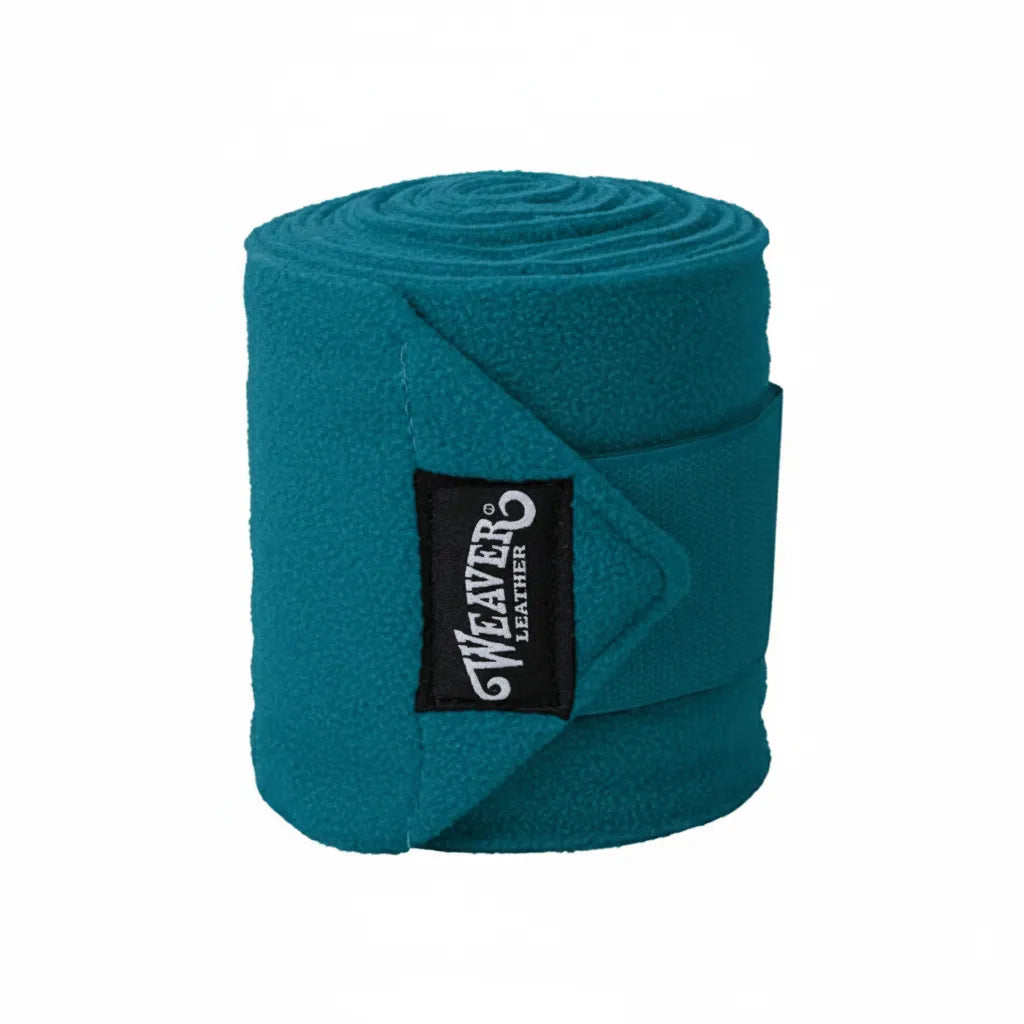 Weaver Leather Turquoise Polo Leg Wraps for horses, crafted from premium brushed pile fleece. This vibrant teal equestrian leg bandage features a black brand label and hook and loop closure for a secure fit. Measuring 4-1/2 inches wide by 9 feet long, these soft fleece wraps provide essential support and protection during exercise. A stylish and functional addition to any horse tack collection, perfect for schooling or competition.