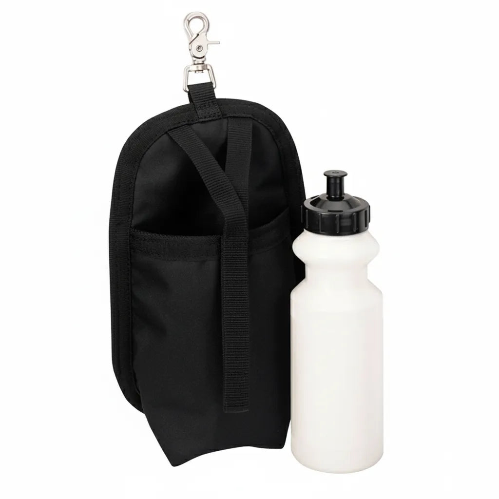 Black Weaver Leather water bottle holder made of durable nylon, featuring a heavy-duty metal snap hook and adjustable hook and loop closure. This equestrian saddle attachment includes a white plastic sports bottle with a black pull-top lid. Ideal for horse trail riding and western saddles, keeping hydration easily accessible during long rides.