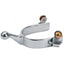 Weaver Leather Women's 21st Century Stainless Steel Spurs featuring a polished silver finish, 1-inch ball end shank, and 3/4-inch band. These elegant equestrian riding spurs include contrasting copper swing buttons for secure strap attachment, offering a modern and gentle design for horse riders. A sleek and durable addition to any professional horse tack collection.