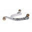 Weaver Leather Women's Roping Horse Spurs crafted from stainless steel with elegant floral leaf engravings. This ladies' equestrian spur features a 1/2" band, a 1-3/4" curved shank, and a 10-point golden brass rowel. Designed for durability and style, these Western spurs include swinging buttons for secure strap attachment, making them essential gear for roping, performance, or everyday trail riding.