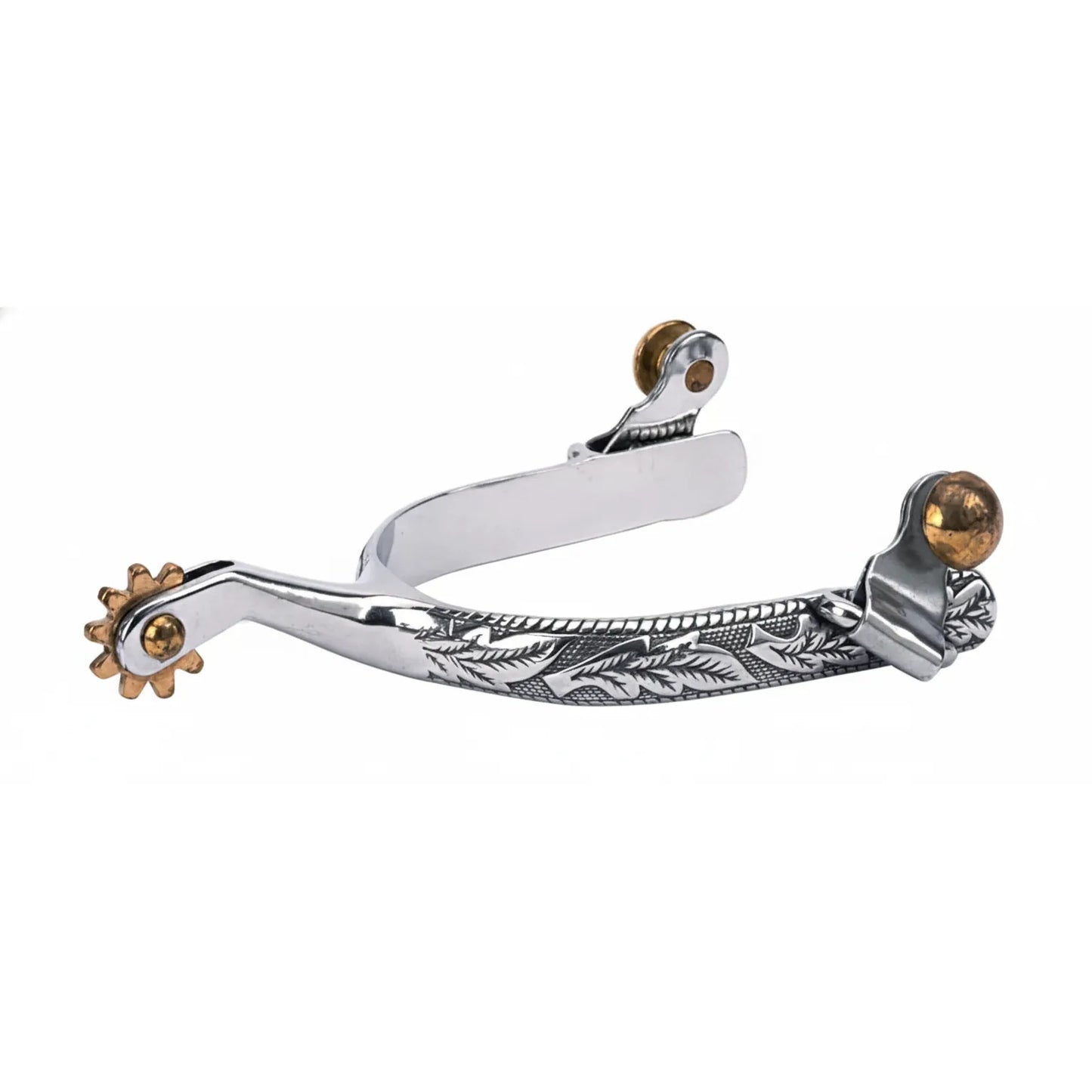 Weaver Leather Women's Roping Horse Spurs crafted from stainless steel with elegant floral leaf engravings. This ladies' equestrian spur features a 1/2" band, a 1-3/4" curved shank, and a 10-point golden brass rowel. Designed for durability and style, these Western spurs include swinging buttons for secure strap attachment, making them essential gear for roping, performance, or everyday trail riding.