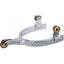 Weaver Leather Women's Roping Spurs crafted from polished stainless steel. These elegant western spurs feature an intricate 1/2" engraved wheat-patterned band and a 2" shank with a classic brass rosebud rowel. Designed for precision and style, they include matching brass buttons for secure strap attachment. High-quality equestrian gear perfect for roping, training, or western competition.