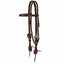 Weaver Leather Browband Headstall crafted from premium pre-oiled russet harness leather with contrasting white heavy-duty stitching. This Western working tack features adjustable cheek pieces, a secure throat latch, and stainless steel hardware. Ornate silver floral conchos at the bit ends add a touch of classic style, making it a durable and attractive choice for daily training or trail riding.