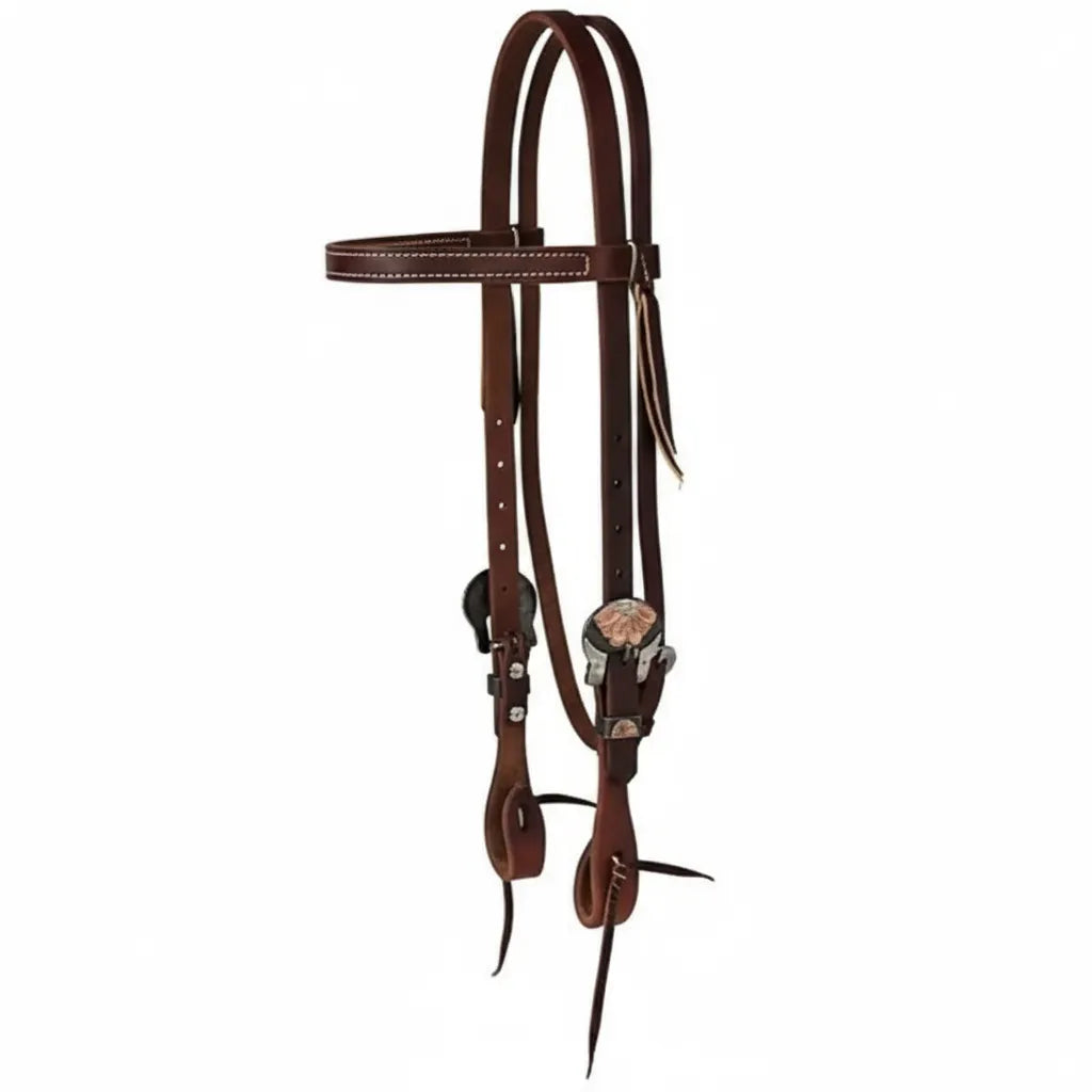 Weaver Leather Browband Headstall crafted from premium pre-oiled russet harness leather with contrasting white heavy-duty stitching. This Western working tack features adjustable cheek pieces, a secure throat latch, and stainless steel hardware. Ornate silver floral conchos at the bit ends add a touch of classic style, making it a durable and attractive choice for daily training or trail riding.