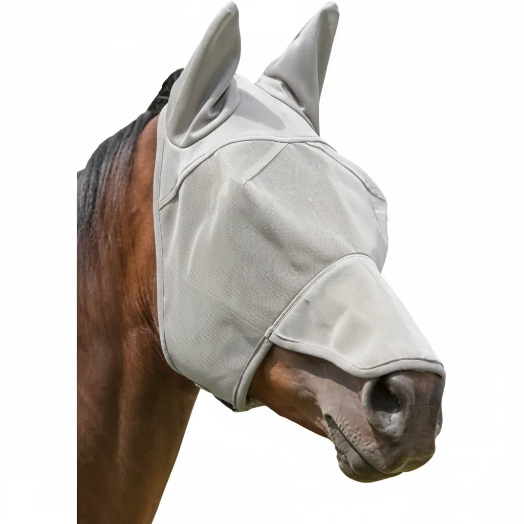 Weaver Leather Xtend Close Fly Mask with Nose and Ear Cover in grey mesh. This large horse fly mask features reflective piping for safety and a snug fit to block insects and UV rays. Complete protective horse headgear covers eyes, ears, and nose bridge, keeping horses comfortable and pest-free in the field. Durable and breathable equestrian gear for turnout.