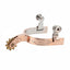 Weaver Leather Youth Spurs featuring a polished copper-plated finish with elegant floral engraving on the 1/2" band. These Western-style spurs include a 1 1/4" curved shank, a classic star-shaped brass rowel, and silver-toned swinging buttons for secure strap attachment. High-quality equestrian gear perfect for young riders looking for style and functionality in the arena or on the trail.