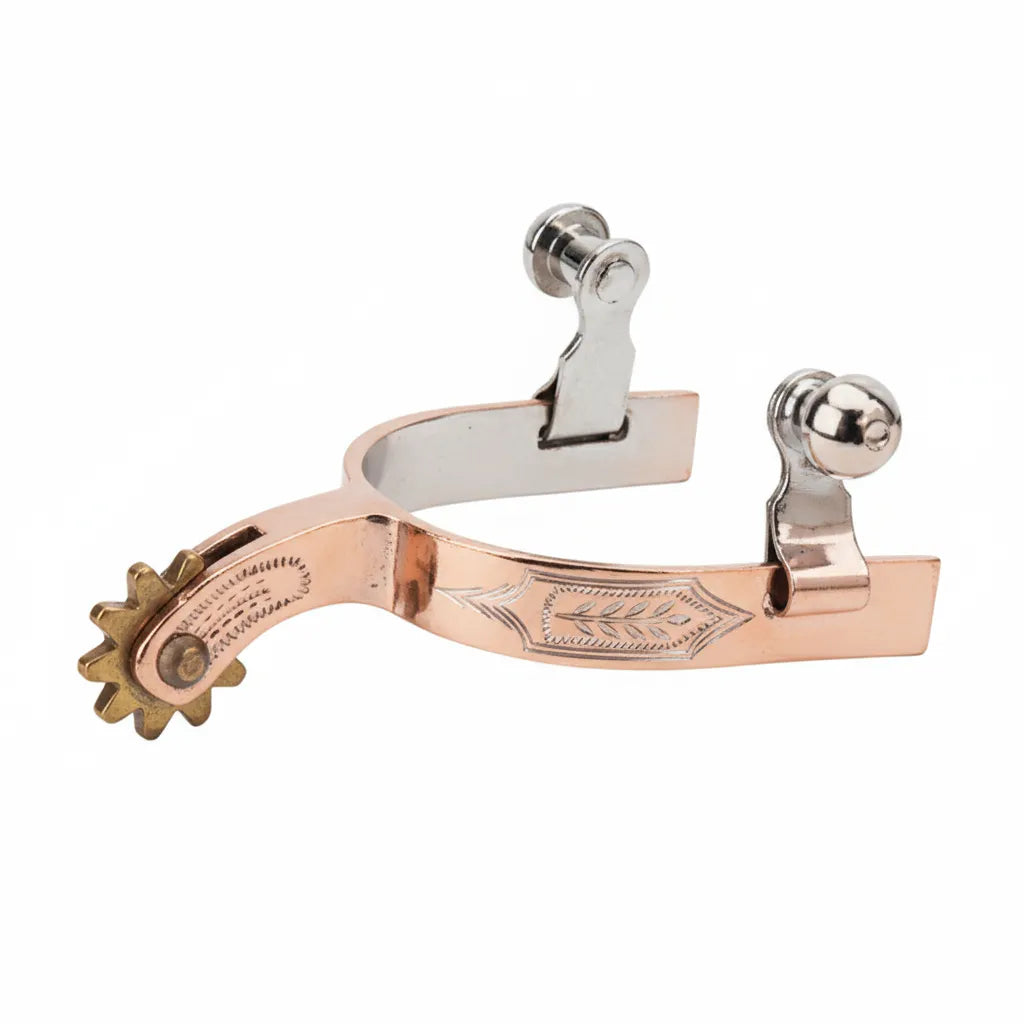 Weaver Leather Youth Spurs featuring a polished copper-plated finish with elegant floral engraving on the 1/2" band. These Western-style spurs include a 1 1/4" curved shank, a classic star-shaped brass rowel, and silver-toned swinging buttons for secure strap attachment. High-quality equestrian gear perfect for young riders looking for style and functionality in the arena or on the trail.