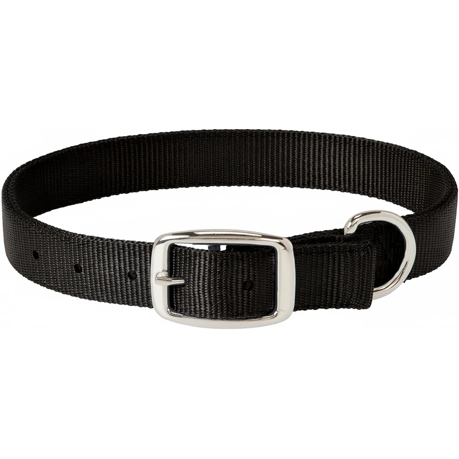 Weaver Pet Prism Classic Black Nylon Dog Collar, 3/4" x 17". This high-quality pet collar features a durable woven nylon strap, a silver-plated metal buckle, and a matching D-ring for easy leash attachment. Its adjustable design with heat-sealed sizing holes provides a secure and comfortable fit. A timeless, heavy-duty accessory for your dog’s daily walks and outdoor activities.