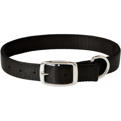 Weaver Pet Prism Classic Black Nylon Dog Collar, 3/4" x 17". This high-quality pet collar features a durable woven nylon strap, a silver-plated metal buckle, and a matching D-ring for easy leash attachment. Its adjustable design with heat-sealed sizing holes provides a secure and comfortable fit. A timeless, heavy-duty accessory for your dog’s daily walks and outdoor activities.