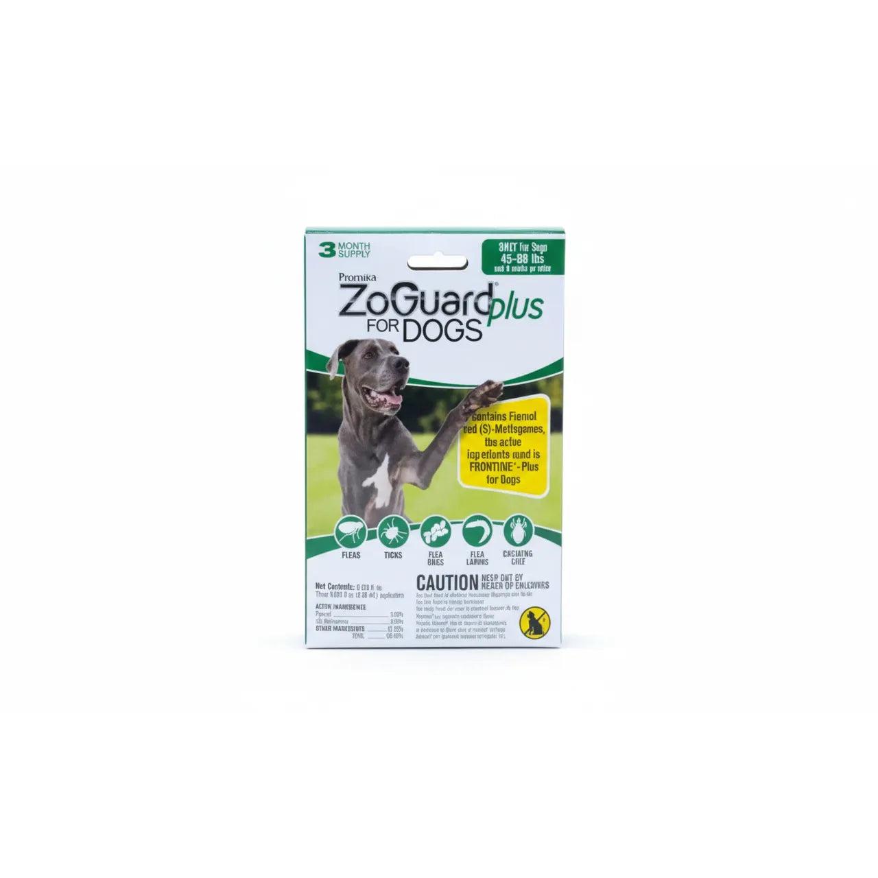 Promika ZoGuard Plus flea and tick prevention for large dogs weighing 45-88 lbs. This 3-month supply box features a grey dog and highlights its effectiveness against fleas, ticks, flea eggs, flea larvae, and chewing lice. The packaging notes it contains fipronil and (S)-methoprene, the same active ingredients as Frontline Plus. Topical pest control for pet health and protection in a green and white branded box.