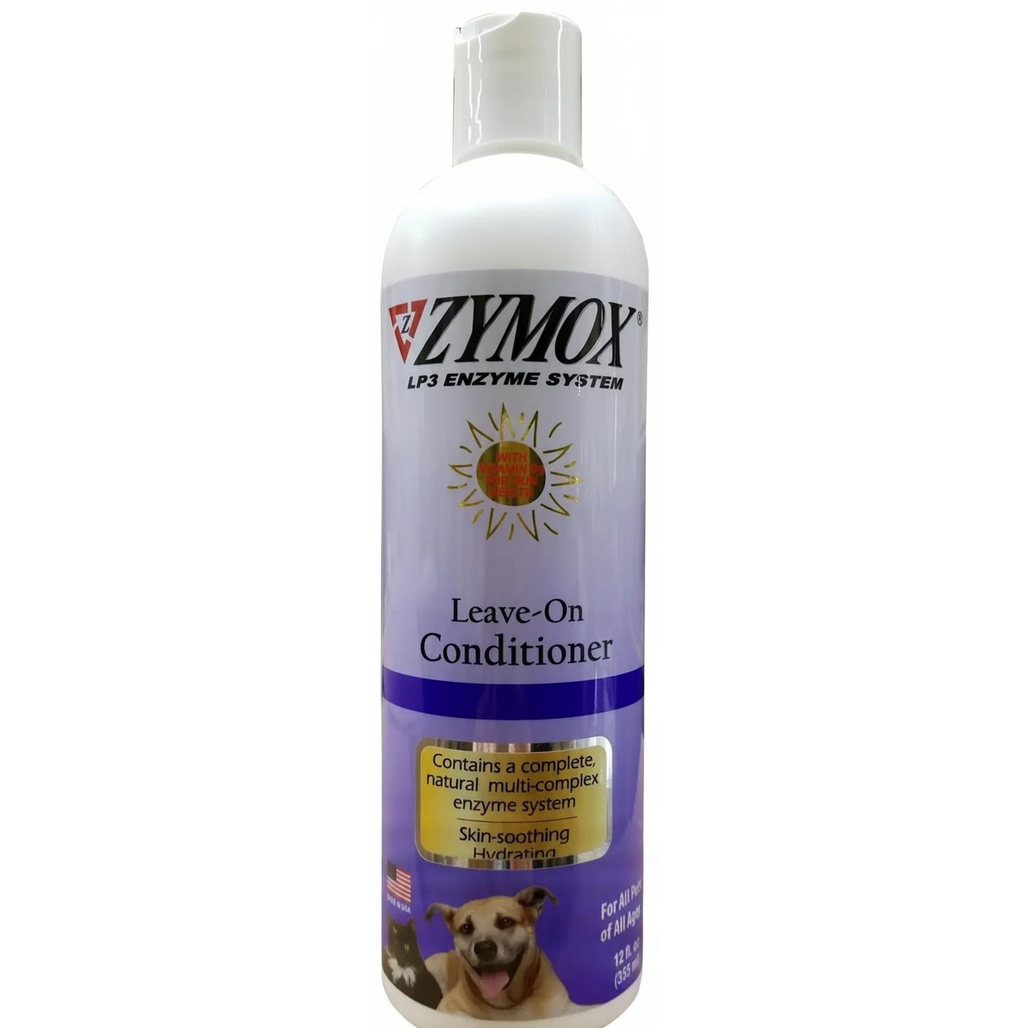 ZYMOX LP3 Enzyme System Leave-On Conditioner in a 12 oz white bottle with purple accents. Features Vitamin D3 and a natural multi-complex enzyme system for dog itch relief and skin inflammation. This skin-soothing, hydrating conditioning rinse is designed for dogs and cats of all ages. The label highlights its hydrating properties with a gold sunburst icon, making it an essential pet grooming supply for sensitive skin.