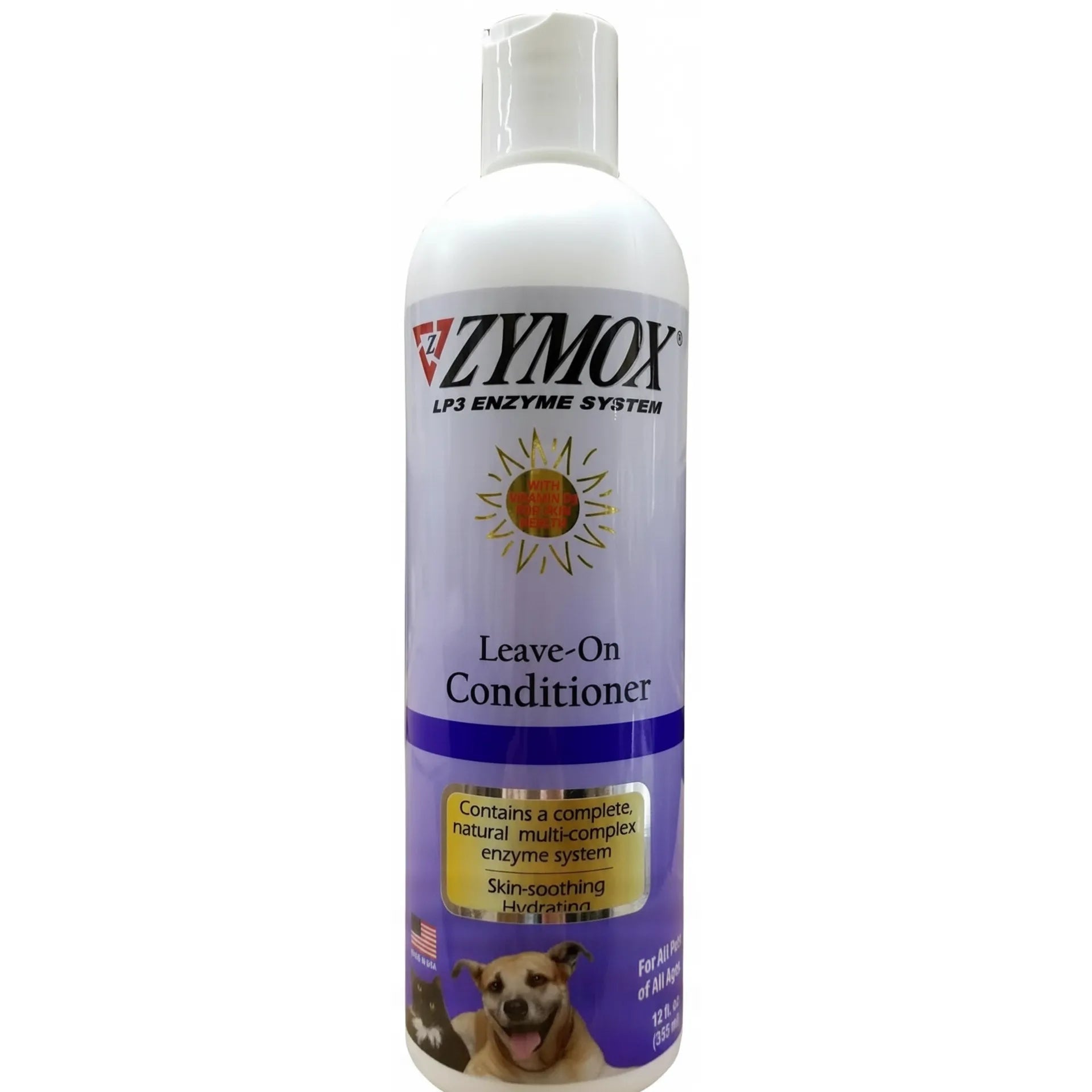 ZYMOX LP3 Enzyme System Leave-On Conditioner in a 12 oz white bottle with purple accents. Features Vitamin D3 and a natural multi-complex enzyme system for dog itch relief and skin inflammation. This skin-soothing, hydrating conditioning rinse is designed for dogs and cats of all ages. The label highlights its hydrating properties with a gold sunburst icon, making it an essential pet grooming supply for sensitive skin.