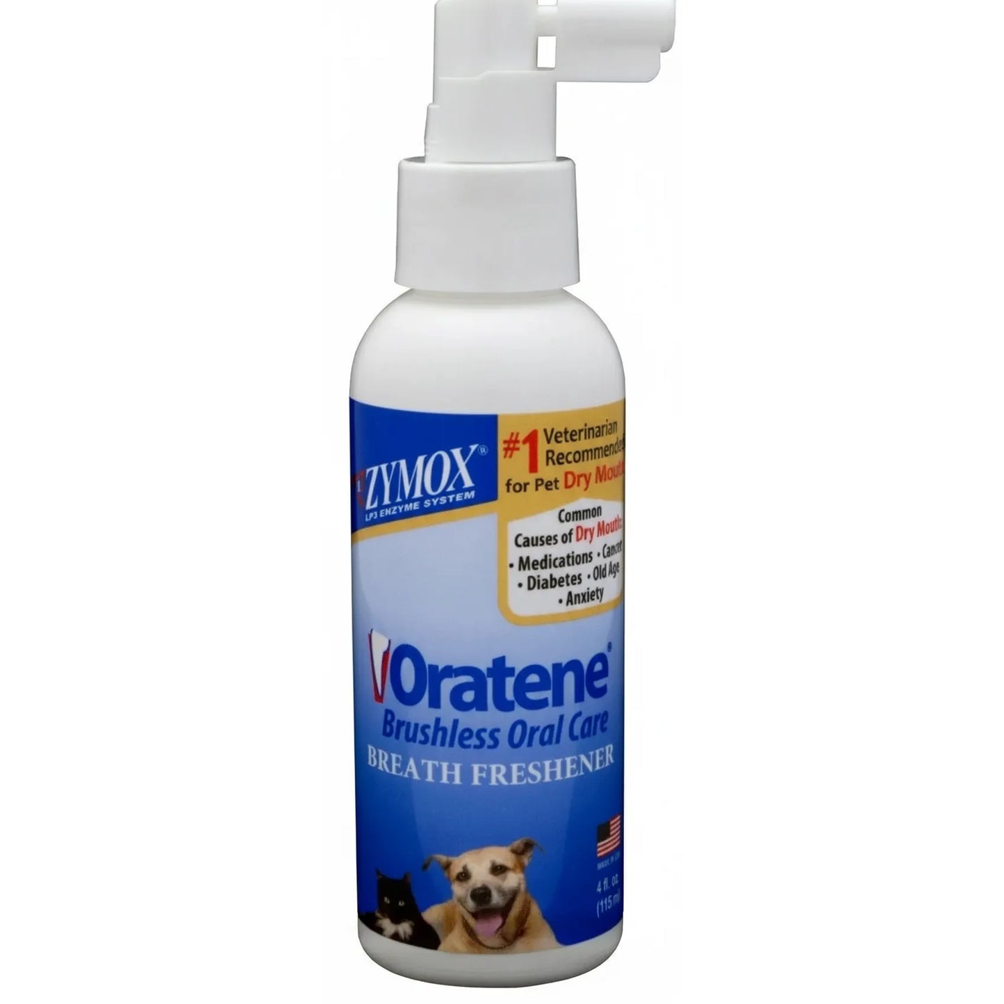 Zymox Oratene Brushless Oral Care Breath Freshener and Enzymatic Spray for dogs and cats in a 4 oz white bottle with a precise spray nozzle. This veterinarian-recommended formula treats pet dry mouth caused by anxiety, medication, or aging. Features the LP3 Enzyme System to freshen pet breath and support dental health without brushing. Essential pet dental care for a healthy smile and fresh breath.