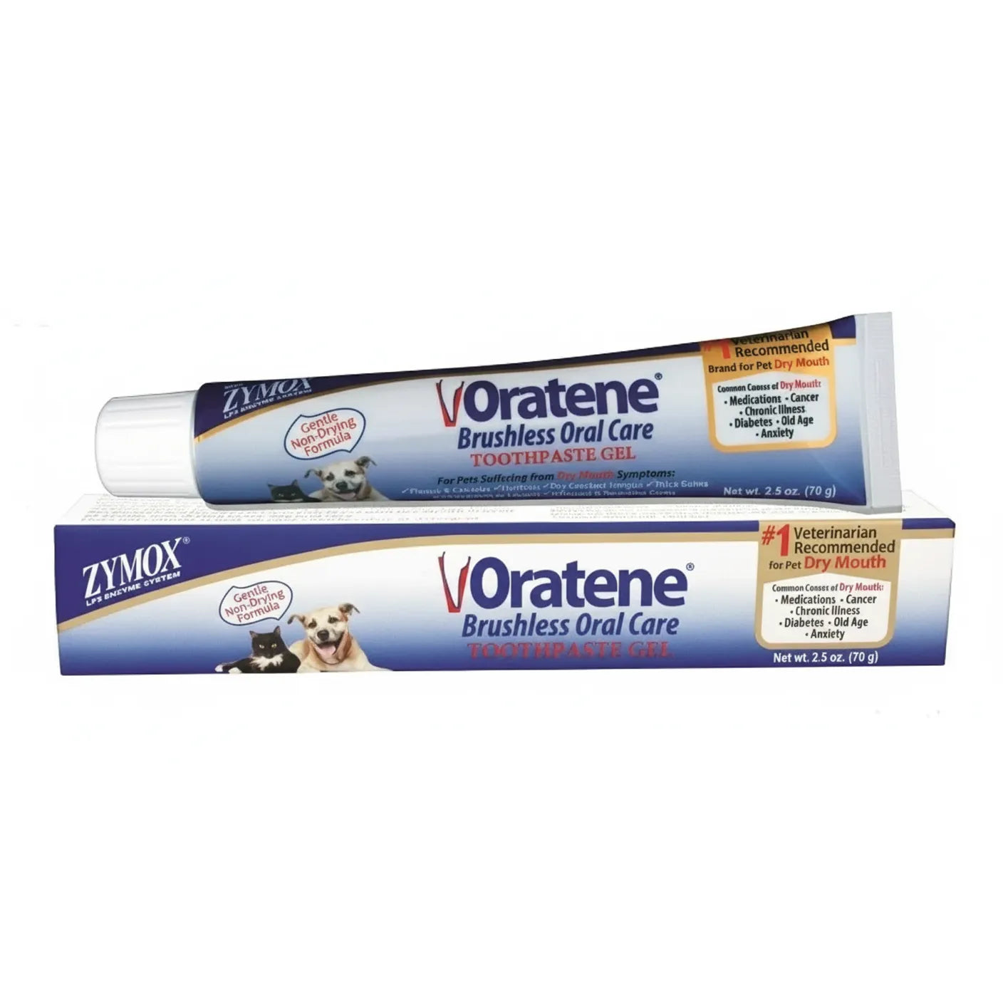 Zymox Oratene Brushless Oral Care Toothpaste Gel for dogs and cats in a 2.5 oz tube and matching blue and white box. This gentle, non-drying formula provides plaque and bad breath relief, specifically designed for pets with dry mouth symptoms. As the #1 veterinarian-recommended brand, it features an easy-to-use gel format for superior pet dental hygiene without brushing. Ideal for pets with dry mouth caused by chronic illness, medications, or old age.
