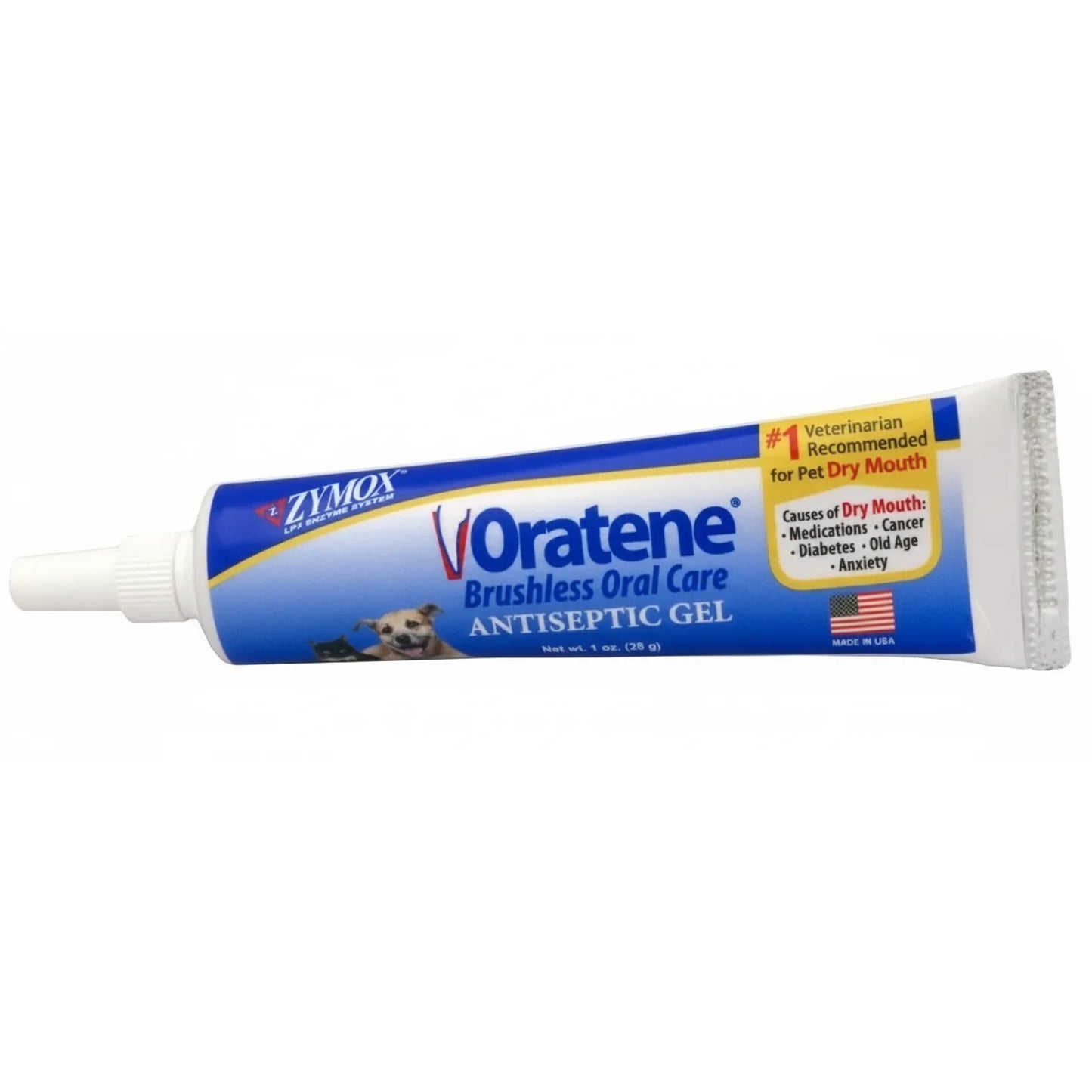 Zymox Oratene Brushless Oral Care Antiseptic Gel in a 1 oz tube for dogs and cats. This enzymatic formula features the LP3 enzyme system to help with pet dry mouth, plaque control, and fresh breath. The blue and yellow label highlights its veterinarian-recommended status for pet oral hygiene. Ideal for easy, brushless application to maintain dental health. Made in the USA, featuring illustrations of a small dog and cat.