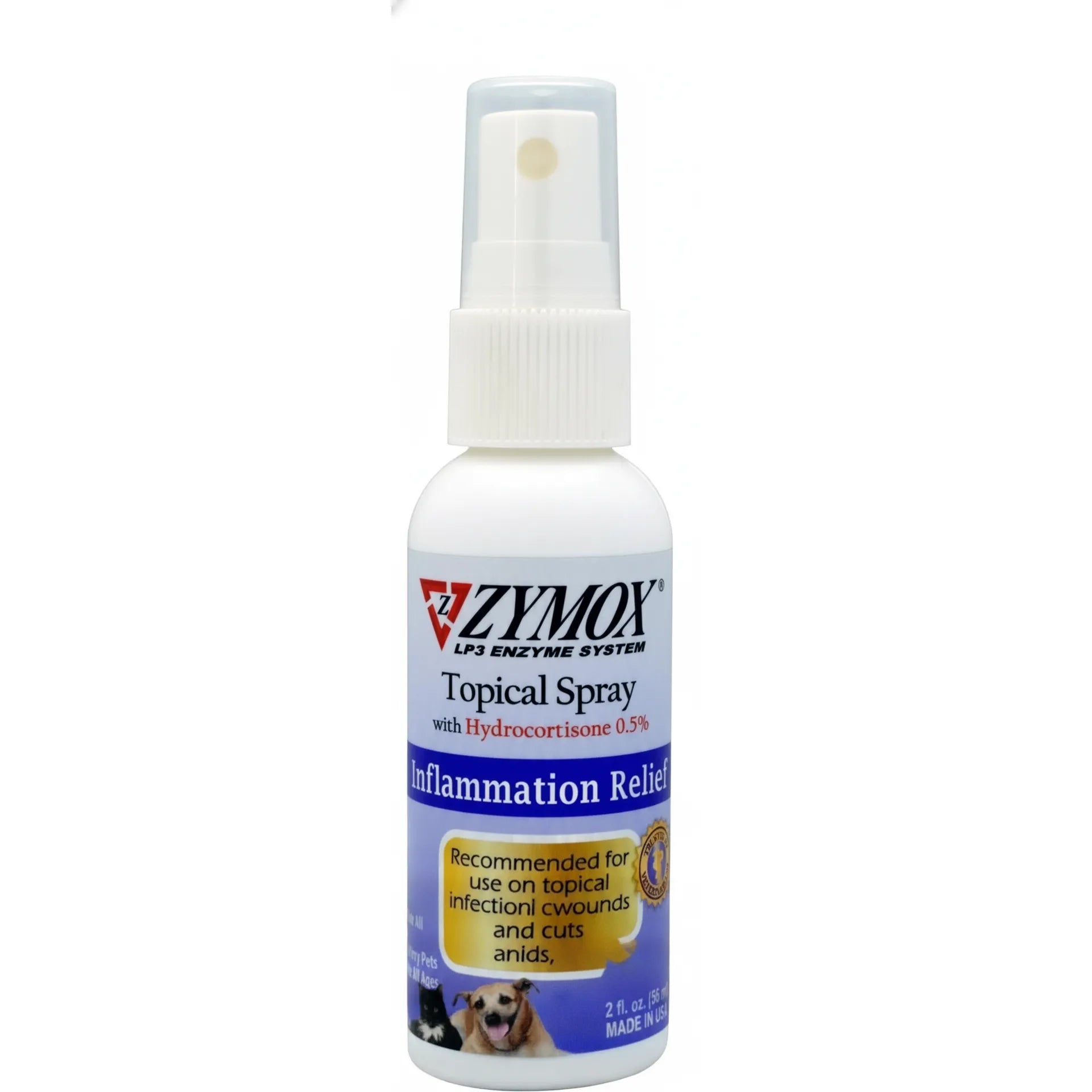 Zymox Topical Spray for Dogs and Cats with 0.5% Hydrocortisone and the LP3 Enzyme System. This 2 oz bottle provides fast inflammation relief for hot spots, itchy skin, and topical infections. Ideal for pet first aid, it helps soothe wounds and cuts effectively. An essential skin care treatment for pet owners looking to treat allergies and skin irritation for dogs and cats of all ages.