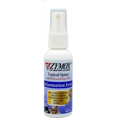 Zymox Topical Spray for Dogs and Cats with 0.5% Hydrocortisone and the LP3 Enzyme System. This 2 oz bottle provides fast inflammation relief for hot spots, itchy skin, and topical infections. Ideal for pet first aid, it helps soothe wounds and cuts effectively. An essential skin care treatment for pet owners looking to treat allergies and skin irritation for dogs and cats of all ages.