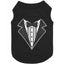 Parisian Pet Tuxedo Embroidered Dog T-Shirt in black. This 100% cotton, soft, and breathable formal pet apparel features a stylish embroidered tuxedo design with a black bow tie, white shirt front, and lapel outlines. A dapper choice for weddings, parties, or special events, this comfortable black dog shirt offers a classy look for pets of all sizes. Perfect for owners seeking high-quality, elegant dog clothing for any formal occasion.