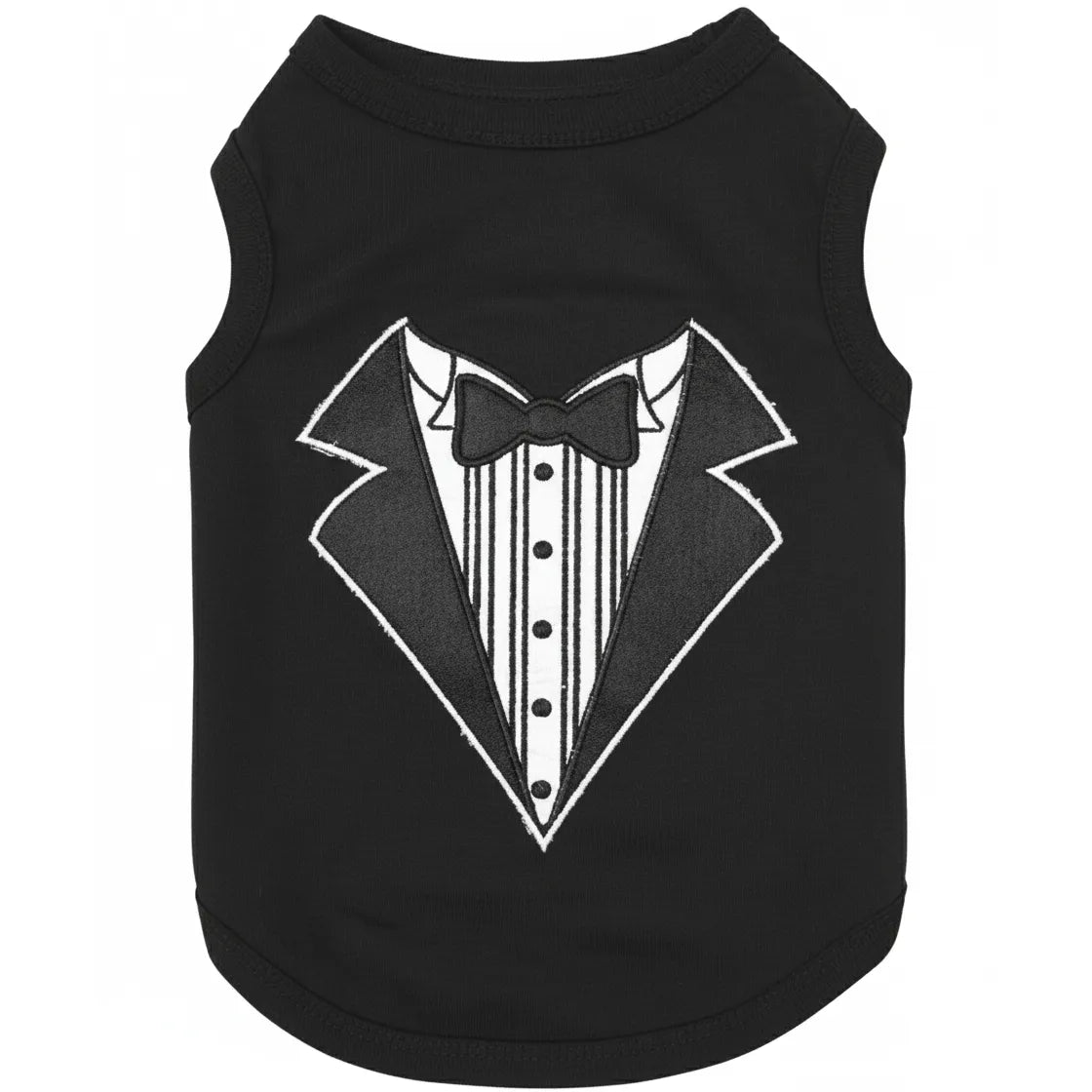 Parisian Pet Tuxedo Embroidered Dog T-Shirt in black. This 100% cotton, soft, and breathable formal pet apparel features a stylish embroidered tuxedo design with a black bow tie, white shirt front, and lapel outlines. A dapper choice for weddings, parties, or special events, this comfortable black dog shirt offers a classy look for pets of all sizes. Perfect for owners seeking high-quality, elegant dog clothing for any formal occasion.