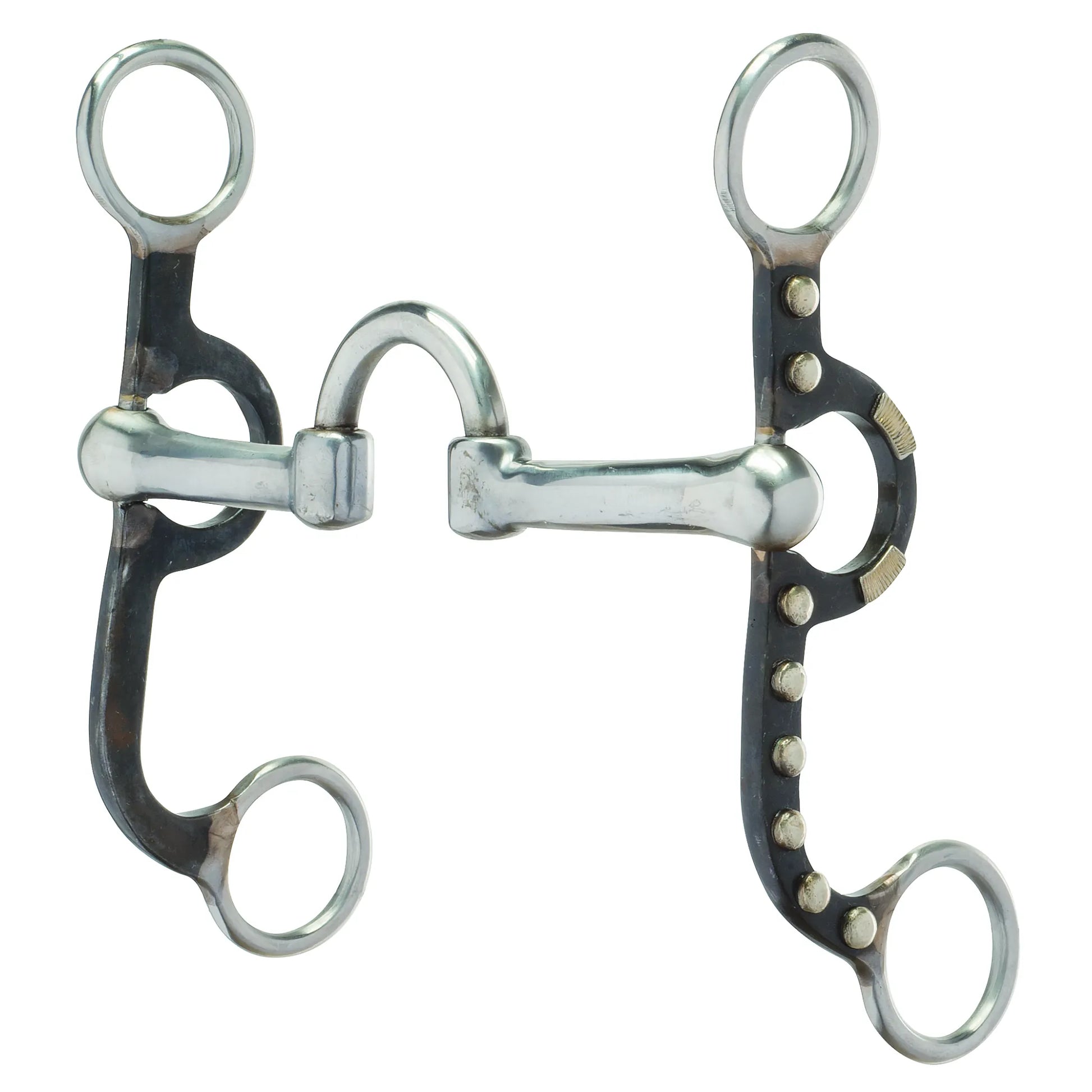 Weaver Antique Argentine Low Port Correction 5" Mouth Bit for horses. This western curb bit features a stainless steel jointed low port mouthpiece and elegant antique-finished shanks. Accented with decorative silver dots, the shanks provide balanced leverage and clear communication. Perfect for riders seeking a stylish, professional-grade correction bit with a classic western look. Ideal for training, showing, or trail riding.