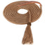 Tan Weaver braided nylon horse mecate, 1/2" x 23', coiled neatly. One end features a decorative horsehair tassel secured with a braided Turk's head knot, and the other end has a brown leather popper. Ideal for western riding and natural horsemanship, this durable mecate rope provides a classic equestrian look and comfortable feel.
