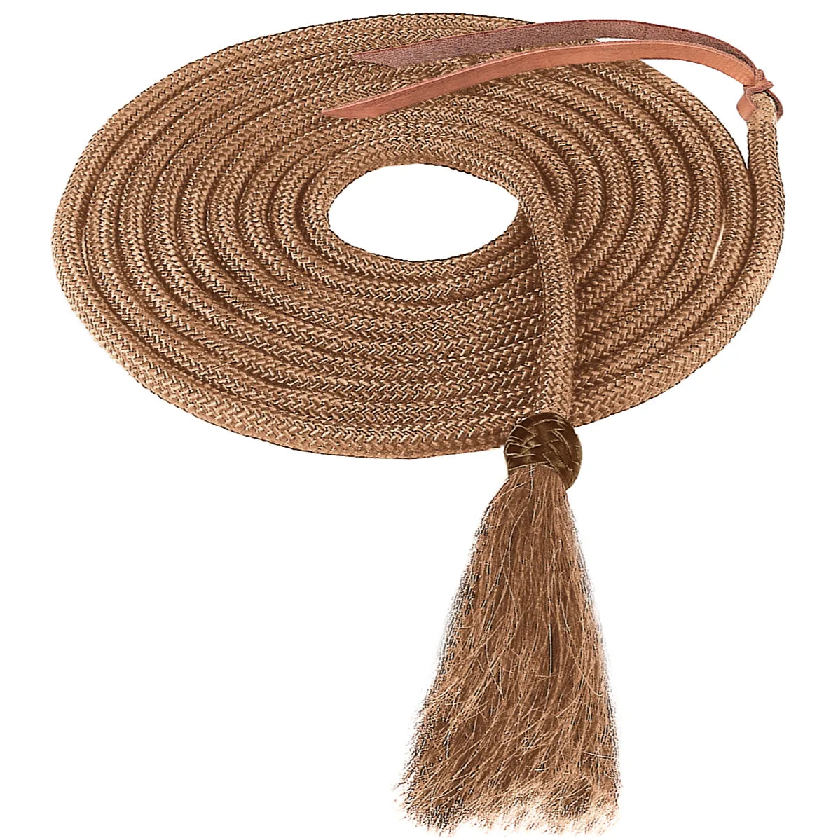 Tan Weaver braided nylon horse mecate, 1/2" x 23', coiled neatly. One end features a decorative horsehair tassel secured with a braided Turk's head knot, and the other end has a brown leather popper. Ideal for western riding and natural horsemanship, this durable mecate rope provides a classic equestrian look and comfortable feel.