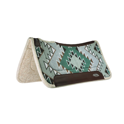 WEAVER Contoured Felt Saddle Pad featuring a sage green and grey Southwestern geometric pattern. This durable Western horse tack includes premium brown leather wear leathers and a natural-colored felt liner for horse comfort. The anatomically contoured spine ensures a perfect fit under the saddle. Ideal for trail riding or daily training, this stylish saddle pad combines Weaver Leather quality with a classic Navajo-inspired design.