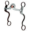 Weaver Equine 5" Sweet Iron Ported Mouth Bit with Copper Cricket. This western curb bit features dark brown S-shaped shanks adorned with ornate silver floral scrollwork engraving. The sweet iron mouthpiece is designed to promote salivation and features a high port with a copper cricket roller for tongue relief and calming sensory stimulation. Ideal for western performance, training, and everyday riding.