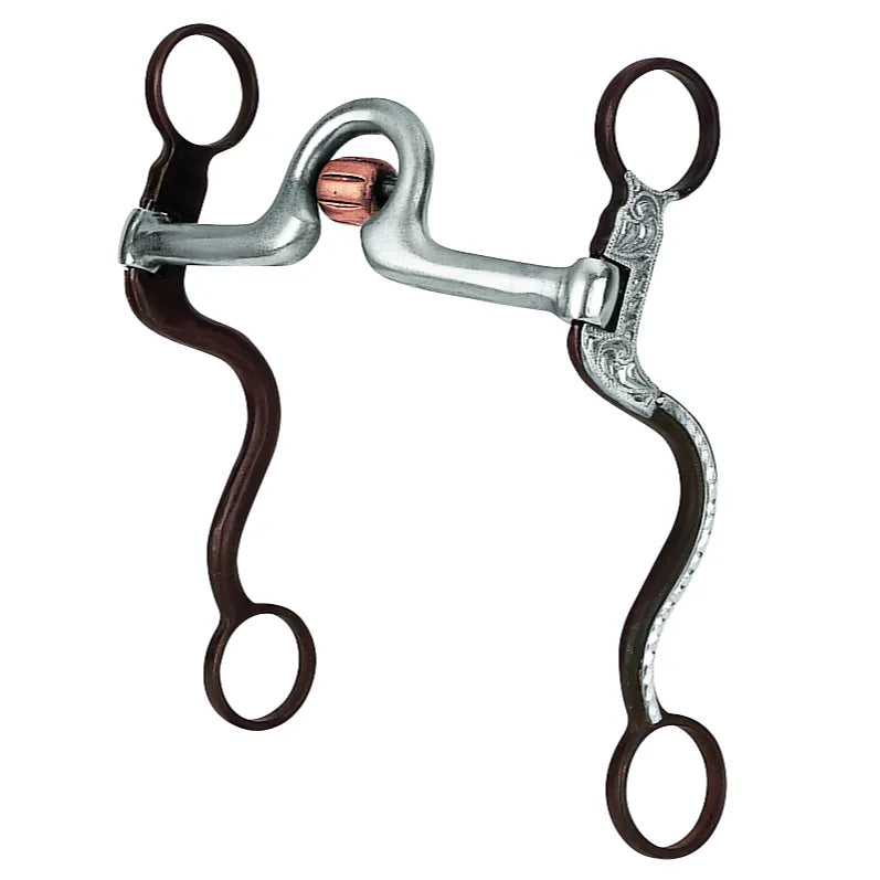 Weaver Equine 5" Sweet Iron Ported Mouth Bit with Copper Cricket. This western curb bit features dark brown S-shaped shanks adorned with ornate silver floral scrollwork engraving. The sweet iron mouthpiece is designed to promote salivation and features a high port with a copper cricket roller for tongue relief and calming sensory stimulation. Ideal for western performance, training, and everyday riding.