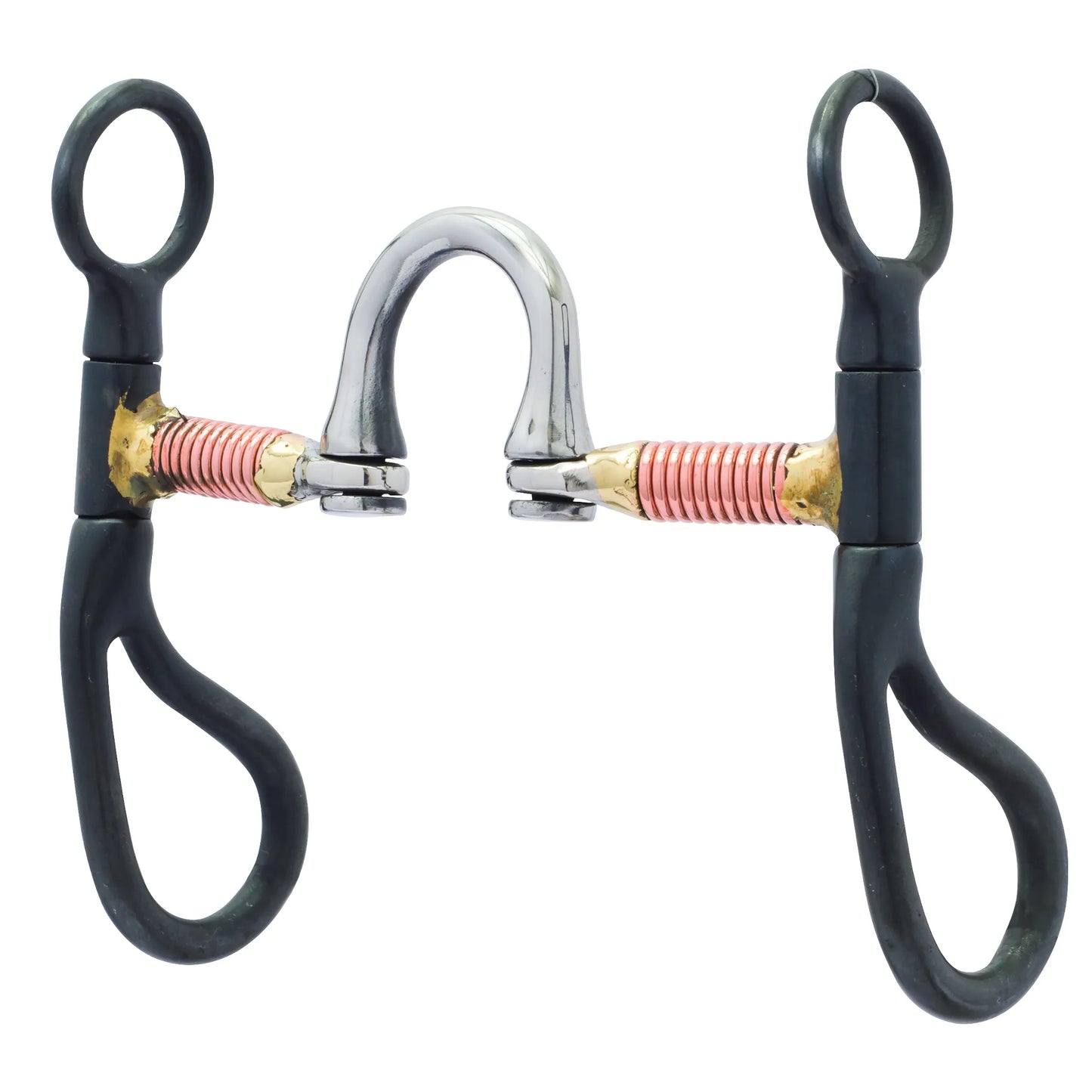 Weaver Equine All Purpose Bit with a 5" copper wire wrapped correction mouth and black steel loose cheeks. This horse bit features a polished silver port and gold-tone accents. The copper wire promotes salivation for a softer, more responsive mouth. Designed for gentle control and refined communication, it is a functional and stylish choice for western riders and equestrian training.