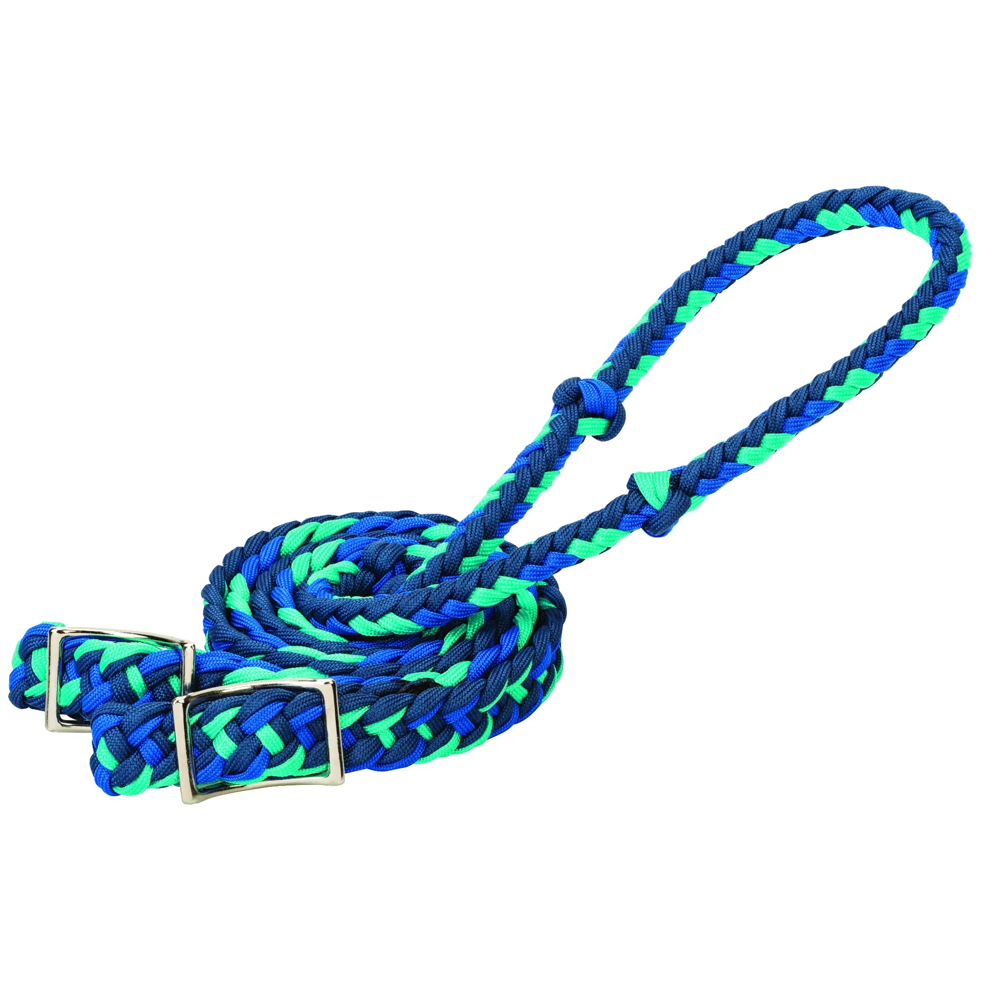 Weaver Equine Barrel Reins featuring a vibrant Navy, Royal, and Turquoise braided rope design. These durable equestrian reins include adjustable silver Conway buckles and a secure hand loop, ideal for barrel racing and performance riding. High-quality horse tack designed for a confident grip and stylish look in the arena, perfect for riders who want to ride with confidence.