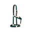 Weaver Equine Breakaway Halter in black and hunter green stripes. This safety-focused horse halter features a leather breakaway fuse, adjustable brass-plated hardware, and padded nose and poll straps for superior comfort. A durable, high-quality piece of equestrian tack designed for both style and horse safety during turnout or everyday handling. Perfect for horse owners seeking a reliable, adjustable, and comfortable nylon halter.