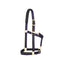 Weaver Equine Breakaway Halter in a striking purple and black striped nylon. Designed for horse safety with a replaceable leather breakaway fuse and comfort-focused padded crown. Features durable brass-plated hardware, an adjustable chin and crown for a perfect fit, and a convenient snap throat latch. Ideal for turnout and daily grooming, this stylish horse halter combines safety and durability for any equestrian.