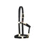 Weaver Equine black nylon breakaway halter for horses featuring durable brass hardware and a brown leather safety crownpiece. This adjustable horse halter offers a custom, comfortable fit with padding and multiple adjustment points on the crown and noseband. Reliable equestrian gear designed for safety during turnout and everyday barn use, combining professional style with essential breakaway protection.